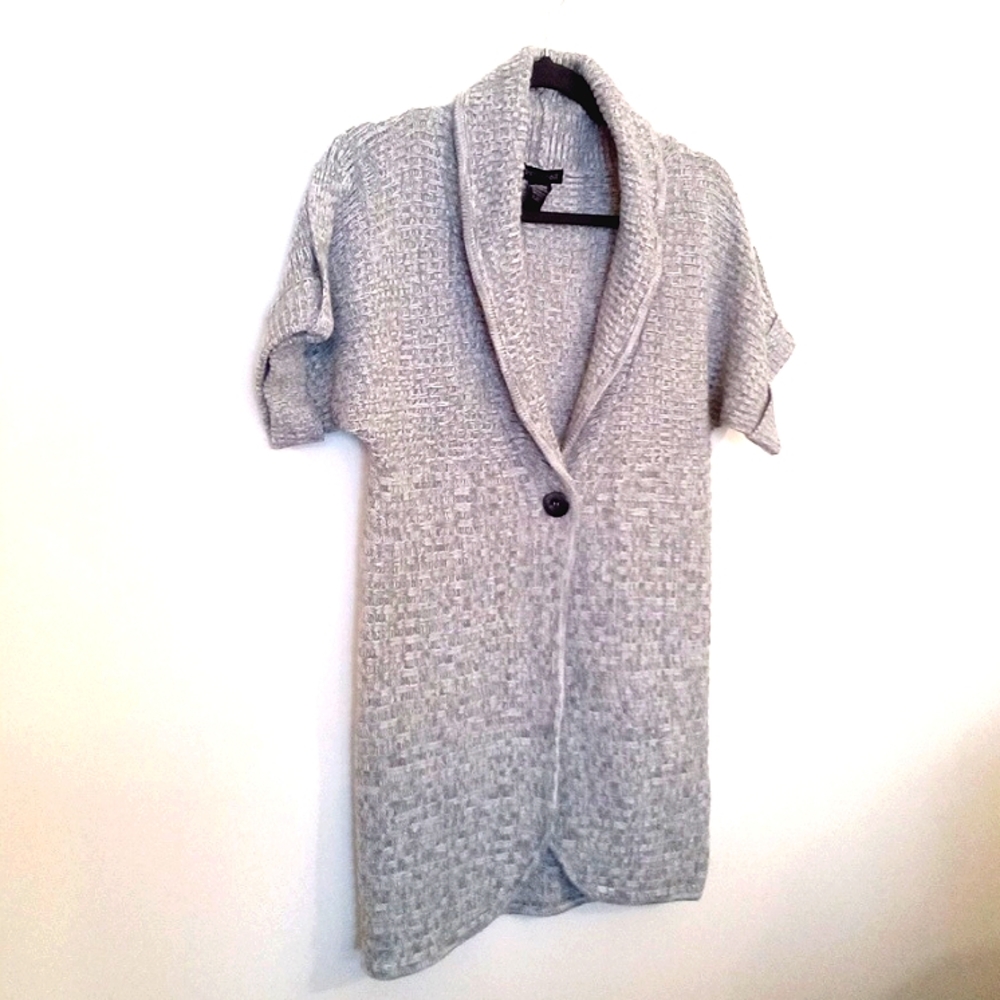 Introspect Women's Grey & White Marled Short Sleeve One Button Cardigan Medium